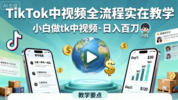 TikTok中视频全流程实操教学，小白做tk中视频，日入百刀-优创项目网