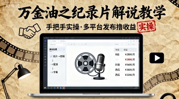 万金油之纪录片解说教学，手把手教你，完全实操，多平台发布撸收益-优创项目网