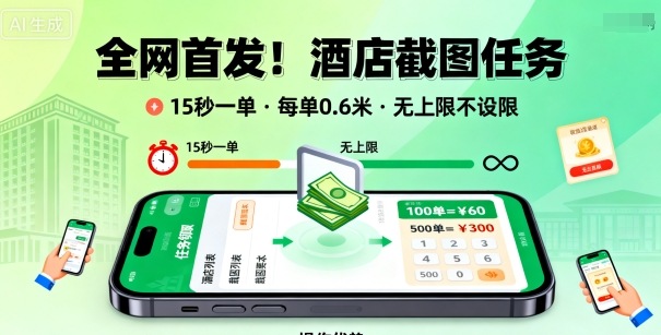 全网首发！酒店截图任务，15秒一单，每单0.6米，任务无上限不设限，矩阵操作单日3张到手【揭秘】-优创项目网