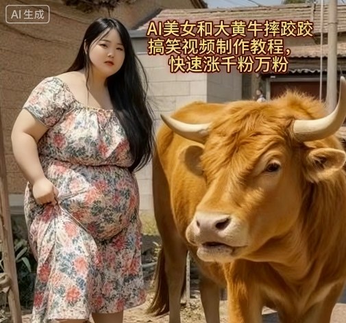 AI美女和大黄牛摔跤搞笑荒诞视频制作教程，快速涨千粉万粉-优创项目网