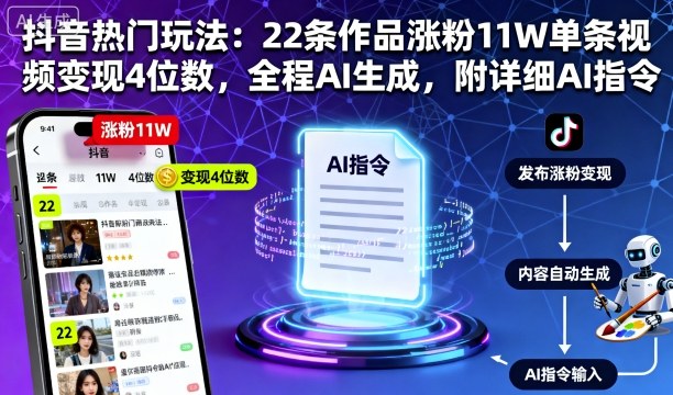 抖音热门玩法：22条作品涨粉11W单条视频变现4位数，全程AI生成，附详细AI指令-优创项目网
