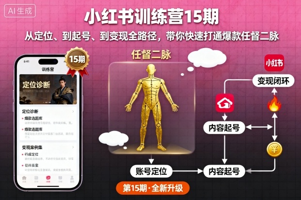 小红书训练营15期，从定位、到起号、到变现全路径，带你快速打通爆款任督二脉-优创项目网