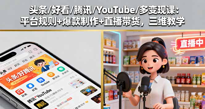 头条/好看/腾讯/YouTube/多变现课：平台规则+爆款制作+直播带货，三维教学-优创项目网
