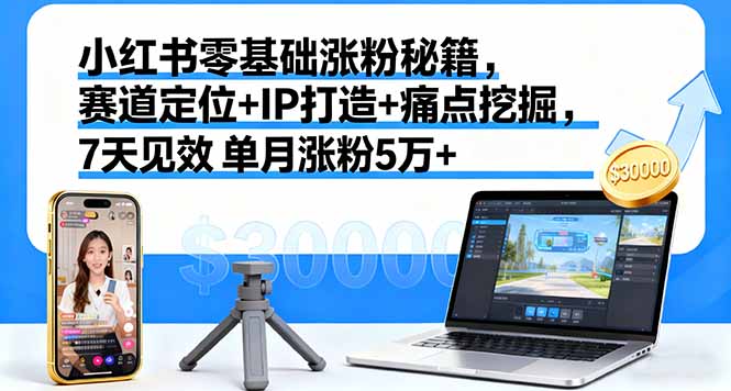 小红书零基础涨粉秘籍，赛道定位+IP打造+痛点挖掘，7天见效 单月涨粉5万+-优创项目网