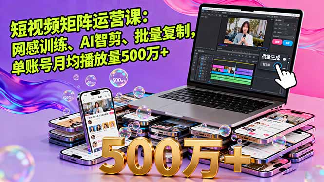 短视频矩阵运营课：网感训练、AI智剪、批量复制，单账号月均播放量500万+-优创项目网