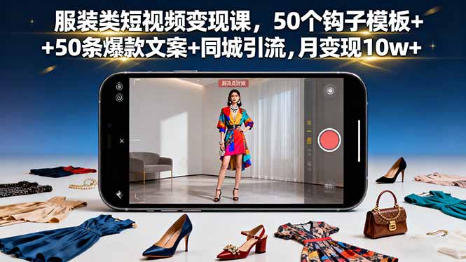 服装类短视频变现课，50个钩子模板+50条爆款文案+同城引流，月变现10w+-优创项目网