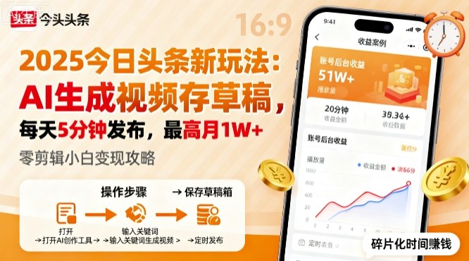 2025年今日头条躺賺新玩法，AI生成视频存草稿，每天5分钟发布，最高月1W+【揭秘】-优创项目网