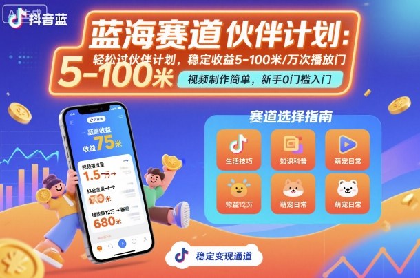 抖音蓝海赛道，轻松过伙伴计划，视频制作简单，万次播放收益在5-100米，稳定收益-优创项目网