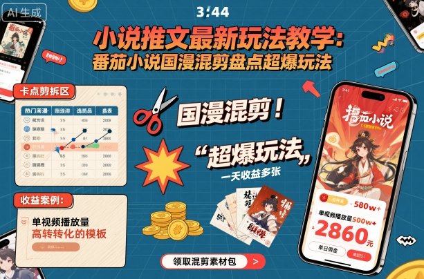 小说推文最新玩法教学，番茄小说国漫混剪盘点超爆玩法，全程干货，一天收益多张-优创项目网