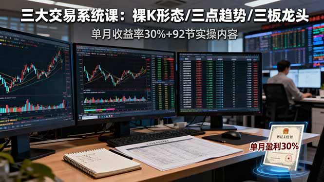 三大交易系统课：裸K形态/三点趋势/三板体系，单月收益率30%+92节实操内容-优创项目网