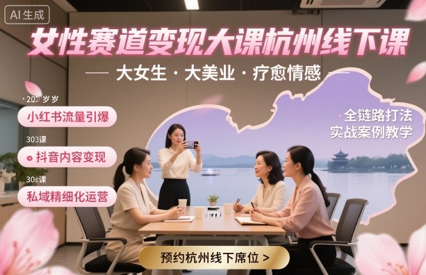 女性赛道变现大课杭州线下，大女生，大美业，疗愈情感，一套小红书、抖音、私域全链路打法-优创项目网