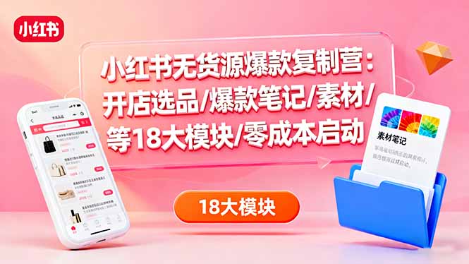 小红书无货源爆款复制营：开店选品/爆款笔记/素材/等18大模块/零成本启动-优创项目网