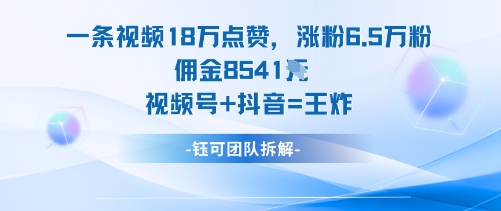 一条视频18W点赞，涨粉6.5W粉佣金8541米，视频号+抖音=王炸-优创项目网