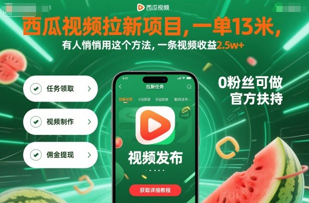 西瓜视频拉新项目，一单13米，有人悄悄用这个方法，一条视频收益2.5w+(附详细教程)-优创项目网