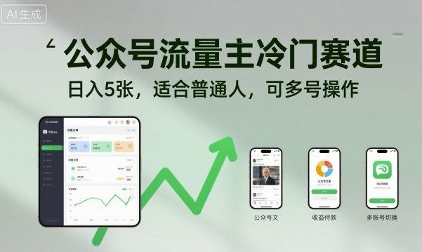 公众号流量主冷门赛道，日入5张，适合普通人，可多号操作-优创项目网