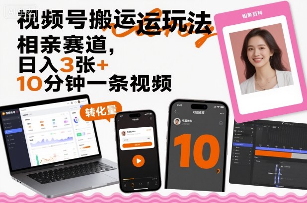 视频号搬运玩法，相亲赛道，日入3张+，10分钟一条视频-优创项目网