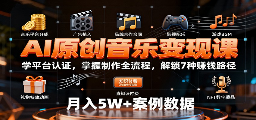 AI原创音乐变现课：学平台认证，掌握制作全流程，解锁7种赚钱路径-优创项目网