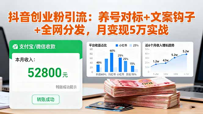 抖音创业粉引流：养号对标+文案钩子+全网分发，月变现5万实战-优创项目网