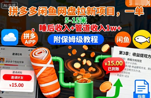 拼多多闲鱼网盘拉新项目，一单5-15米，睡后收入+管道收入1w+(附保姆级教程)-优创项目网