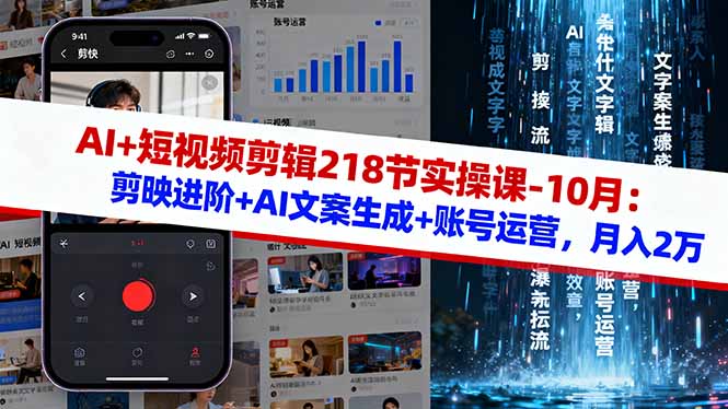 AI+短视频剪辑218节实操课-10月：剪映进阶+AI文案生成+账号运营，月入2万-优创项目网