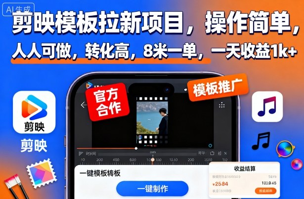 剪映模板拉新项目，操作简单，人人可做，转化高，8米一单，一天收益1k+-优创项目网