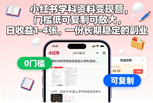 小红书学科资料变现营，门槛低可复制可放大，日收益1-4张，一份长期稳定的副业-优创项目网
