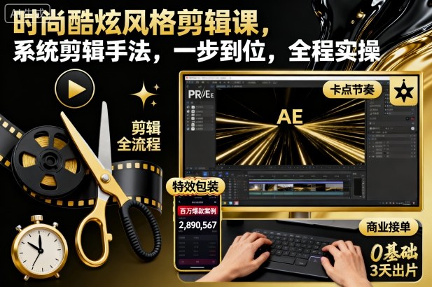 时尚酷炫风格剪辑课，系统剪辑手法，一步到位，全程实操-优创项目网