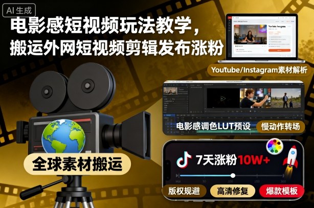 电影感短视频玩法教学，搬运外网短视频剪辑发布涨粉-优创项目网