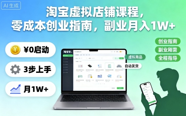 淘宝虚拟店铺课程，零成本创业指南，副业月入1W+-优创项目网
