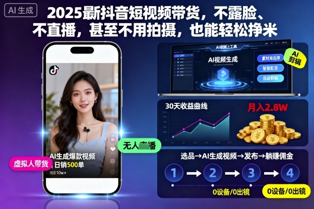 2025最新抖音短视频带货，不露脸、不直播，甚至不用拍摄，也能轻松挣米-优创项目网