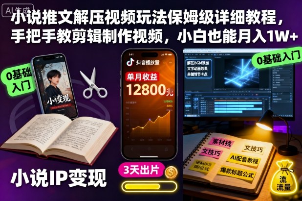 小说推文解压视频玩法保姆级详细教程，手把手教剪辑制作视频，小白也能月入1W+-优创项目网
