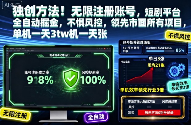 独创方法！无限注册账号，短剧平台全自动掘金，不惧风控，领先市面所有项目，单机一天3张【揭秘】-优创项目网