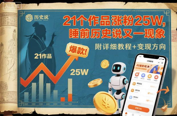 21个作品涨粉25W，睡前历史说又一现象级AI内容大爆款来啦，附详细教程+变现方向-优创项目网