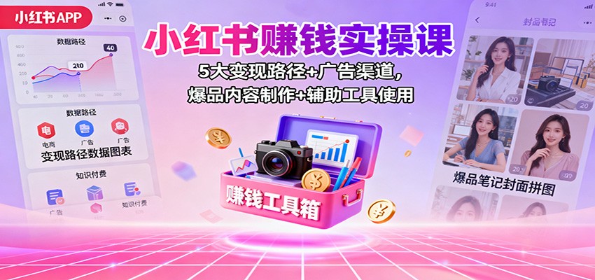 小红书赚钱实操课：5大变现路径+广告渠道，爆品内容制作+辅助工具使用-优创项目网