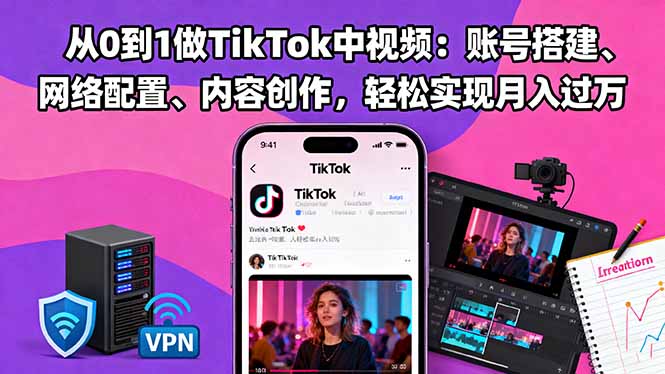 从0到1做TikTok中视频：账号搭建、网络配置、内容创作，轻松实现月入过万-优创项目网