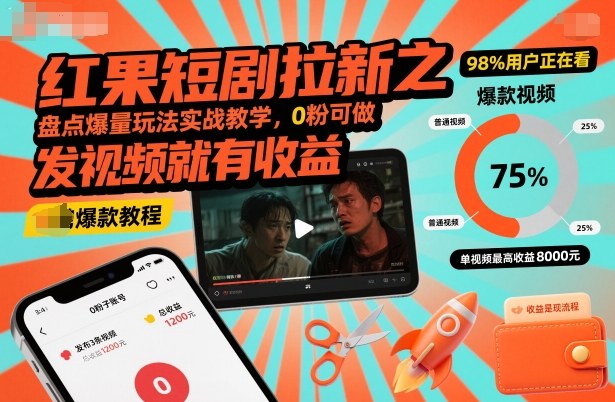 红果短剧拉新之盘点爆量玩法实战教学，0粉可做，发视频就有收益-优创项目网