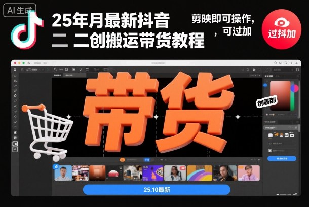 25年10月最新抖音二创搬运带货教程，剪映即可操作，可过抖加-优创项目网
