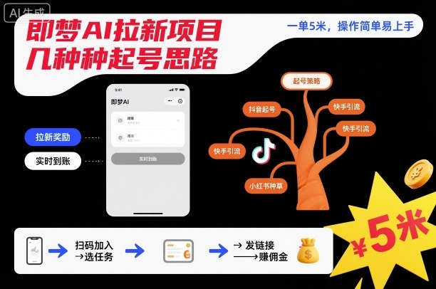 即梦AI拉新项目几种起号思路，一单5米，操作简单易上手-优创项目网