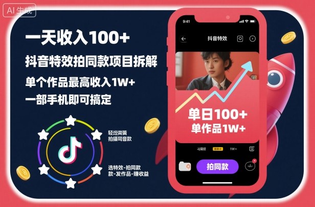 一天收入100+，抖音特效拍同款项目拆解，单个作品最高收入1W+，一部手机即可搞定-优创项目网