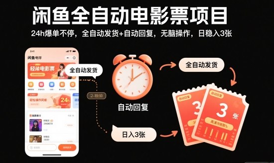 闲鱼全自动电影票项目，24h爆单不停，全自动发货+自动回复，无脑操作，日稳入3张【揭秘】-优创项目网