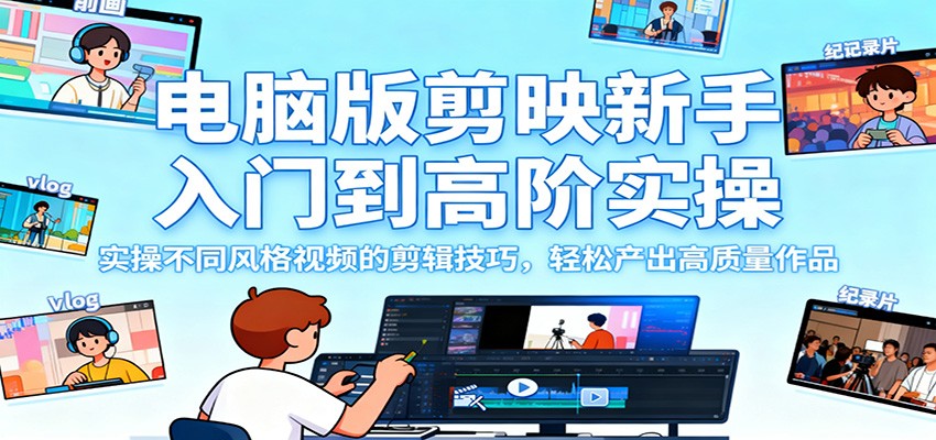 电脑版剪映新手入门到高阶实操，实操不同风格视频的剪辑技巧，轻松产出高质量作品-优创项目网