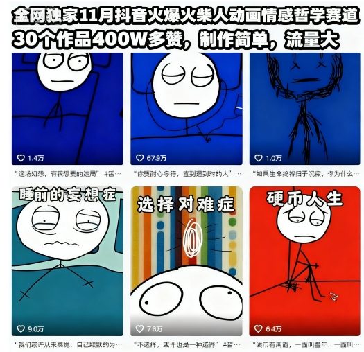 全网独家11月抖音火爆火柴人动画情感哲学赛道，30个作品400W多赞，制作简单，流量大【教学+素材】-优创项目网