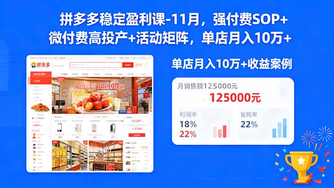 拼多多稳定盈利课-11月，强付费SOP+微付费高投产+活动矩阵，单店月入10w+-优创项目网