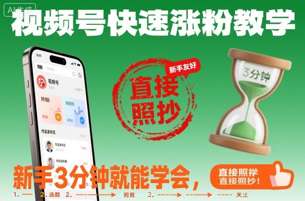视频号快速涨粉教学，新手3分钟就能学会，直接照抄！-优创项目网