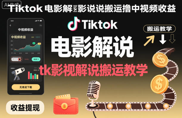 Tiktok电影解说搬运撸中视频收益，tk影视解说搬运教学-优创项目网