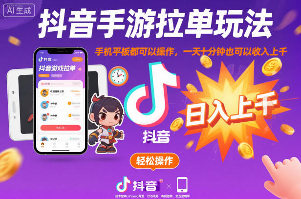 抖音手游拉单玩法，手机平板都可以操作，一天十分钟也可以收入上K【揭秘】-优创项目网