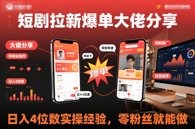 短剧拉新爆单大佬分享日入4位数实操经验，零粉丝就能做-优创项目网