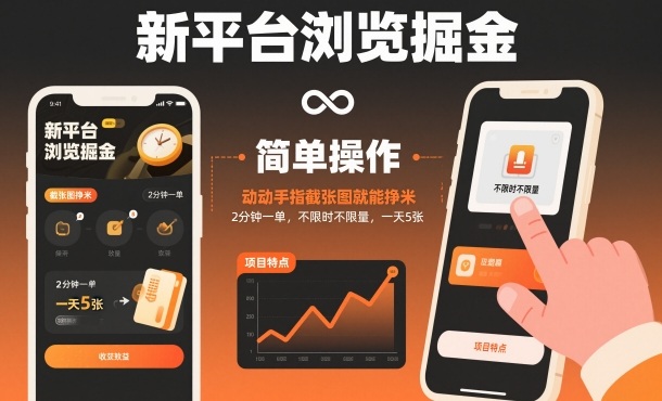 新平台浏览掘金，动动手指截张图就能挣米，2分钟一单，不限时不限量，一天5张【揭秘】-优创项目网