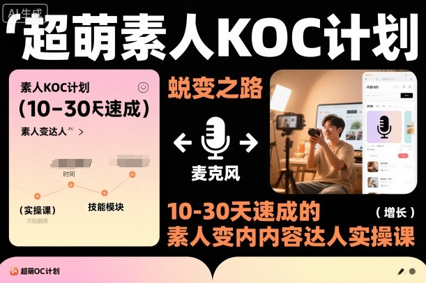 超萌素人KOC计划，10-30天速成的素人变内容达人实操课，适合想做短剧小说推文电商推广的素人入局-优创项目网