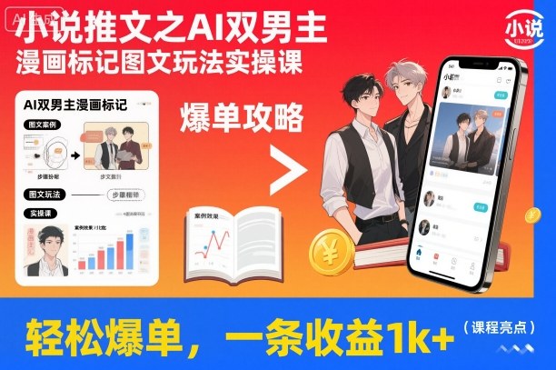 小说推文之AI双男主漫画标记图文玩法实操课，轻松爆单，一条收益1k+-优创项目网